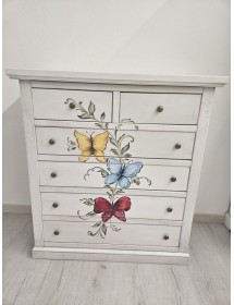 Cassettiera 6 cassetti in legno shabby bianco anticato decori farfalla 86x40X96