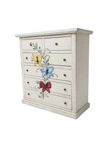 Cassettiera 6 cassetti in legno shabby bianco anticato decori farfalla 86x40X96