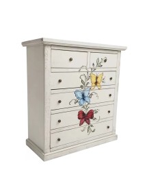 Cassettiera 6 cassetti in legno shabby bianco anticato decori farfalla 86x40X96