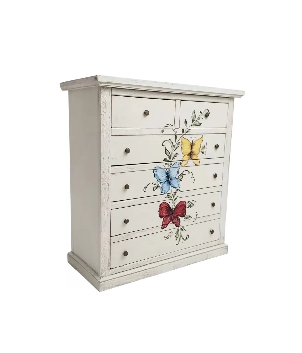 Cassettiera 6 cassetti in legno shabby bianco anticato decori farfalla 86x40X96