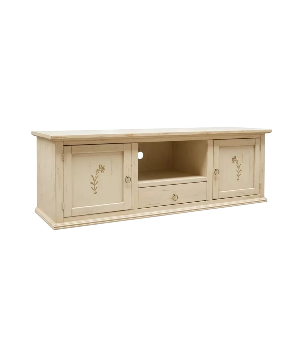 Porta tv 2 ante 1 cassetto legno shabby avorio anticato decori 160x46x56