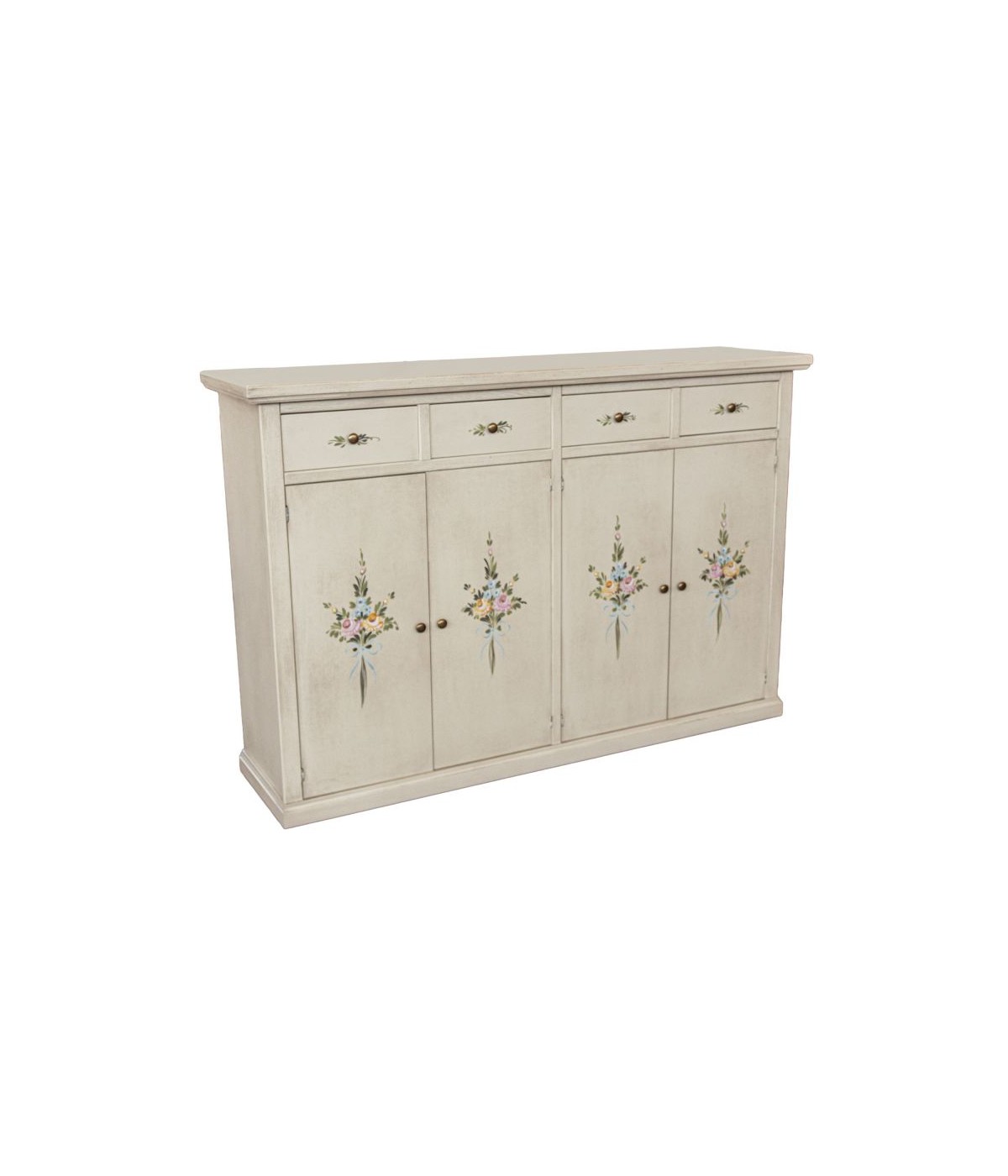 Credenza legno 4 porte 4 cassetti shabby bianco anticato decorato 160X40X110