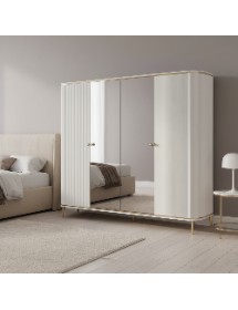 Armadio contemporaneo cannettato 4 ante legno con specchio bianco o...