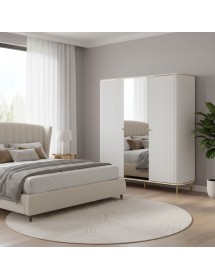 Armadio contemporaneo cannettato 3 ante legno con specchio bianco o...