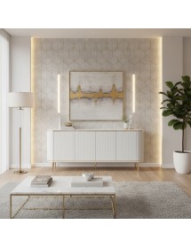 Credenza contemporanea cannettato 4 ante legno bianco oro cromo 200...
