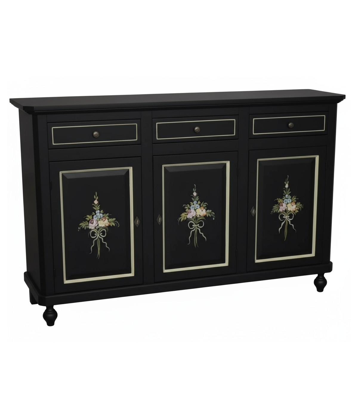 Madia Credenza 3 Ante Legno shabby nero Decorata Filo oro 158x45x98