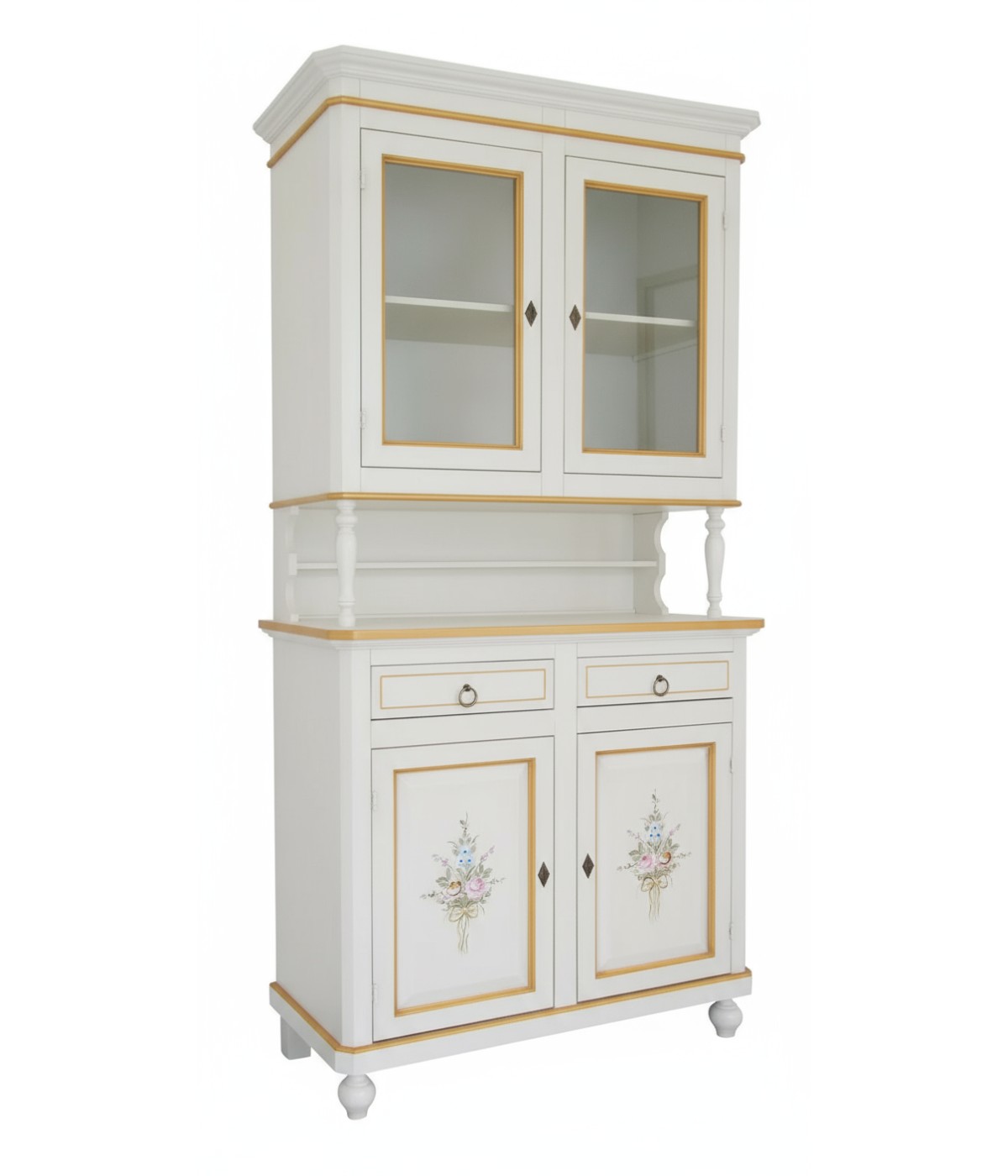 Cristalliera 2 porte shabby legno bianco decorata filo oro 104x43x208