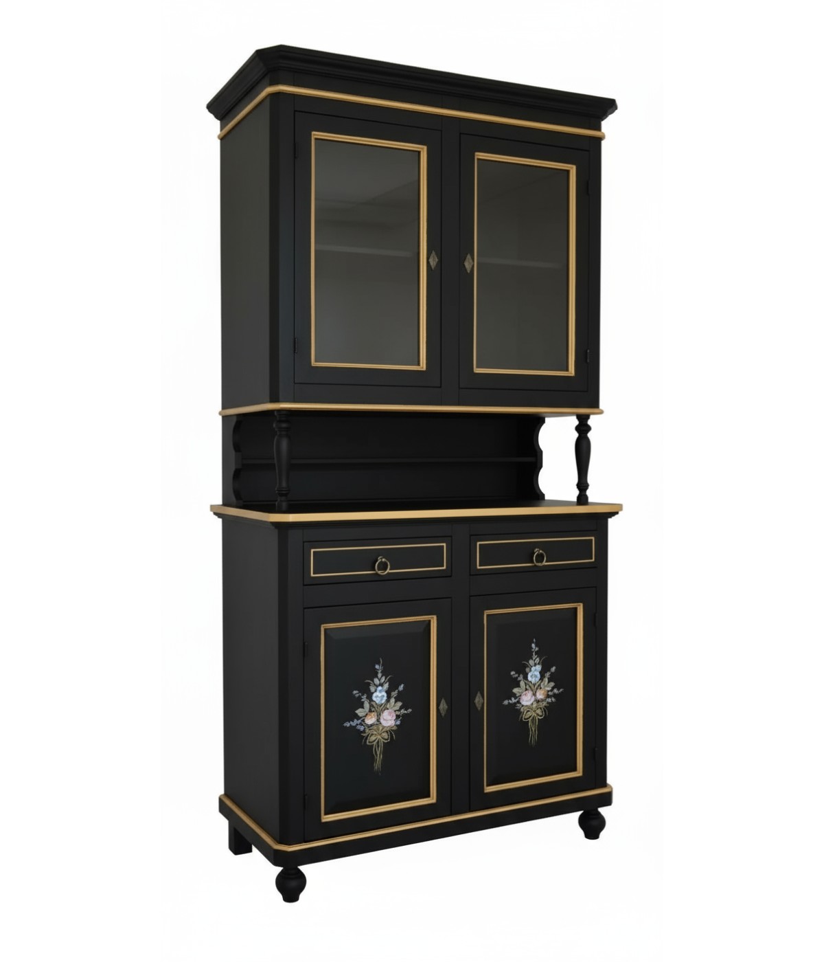 Cristalliera 2 porte shabby legno nero decorata filo oro 104x43x208