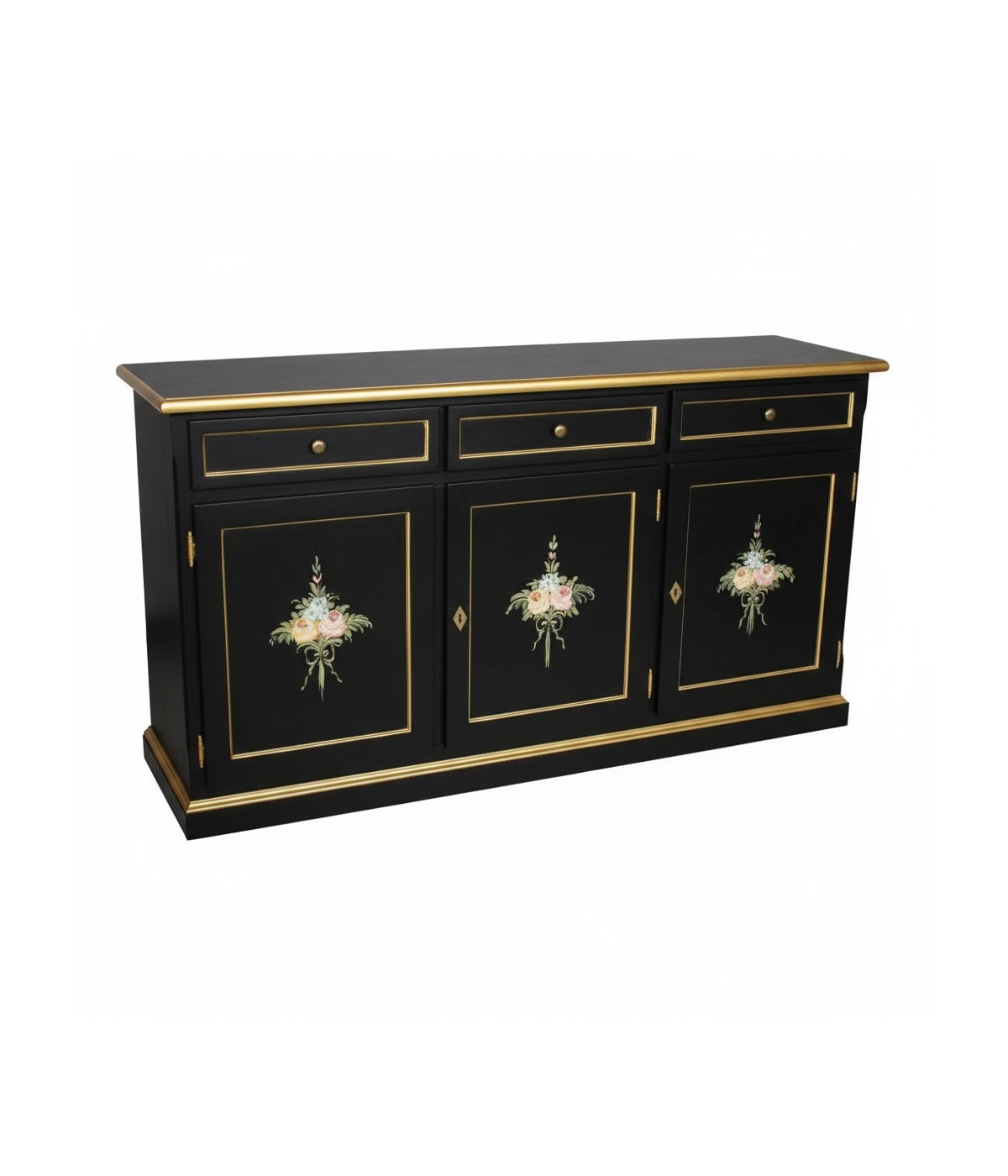 Madia Credenza 3 Ante Legno shabby nero Decorata Filo oro 156x42x86