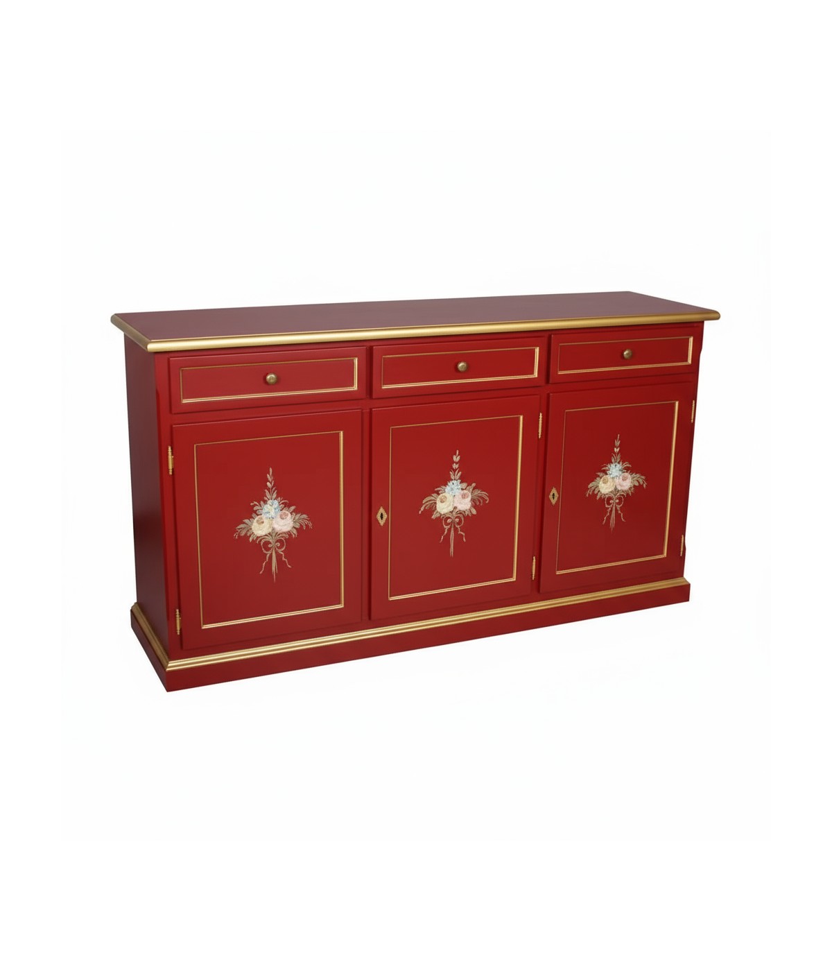 Madia Credenza 3 Ante Legno shabby rosso Decorata Filo oro 156x42x86