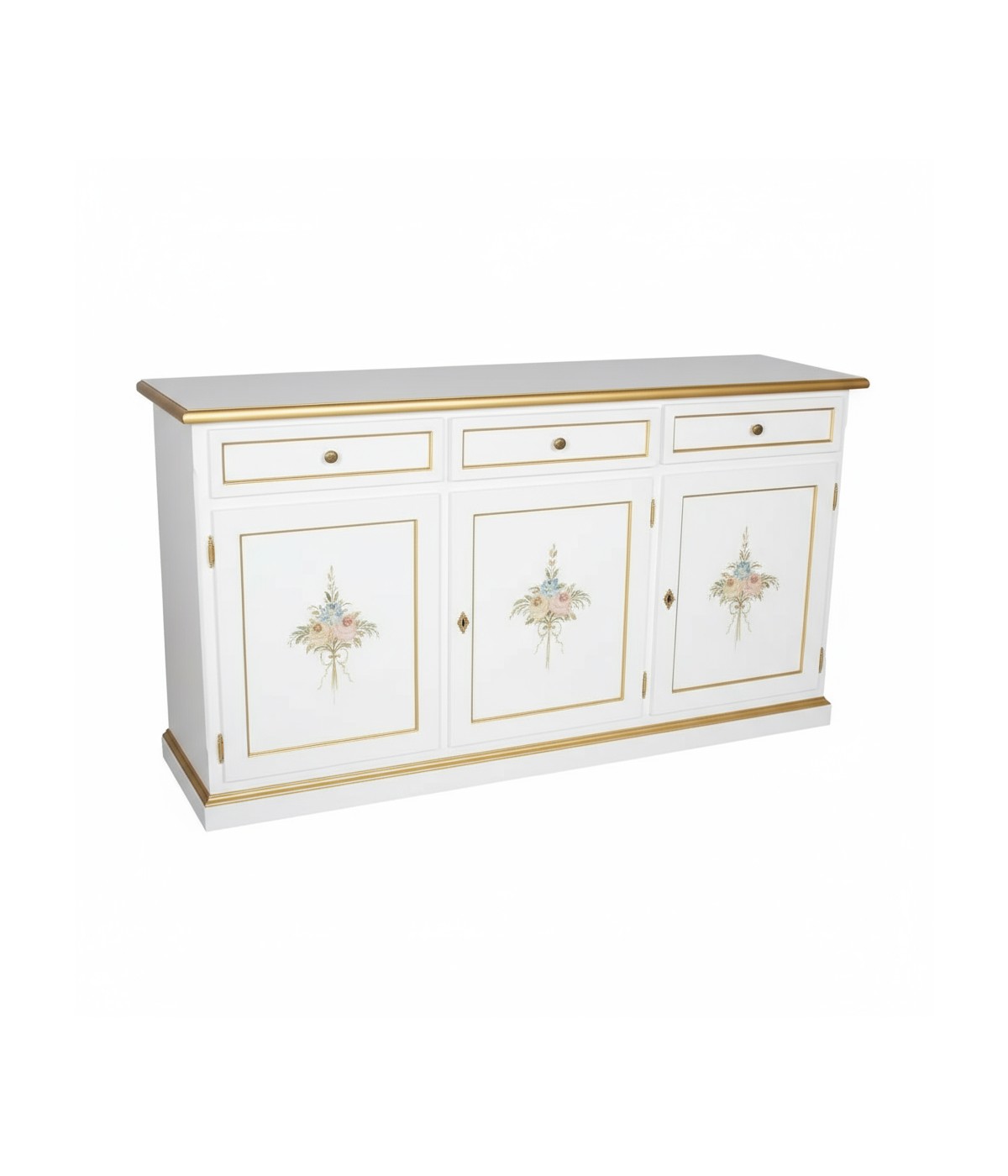 Madia Credenza 3 Ante Legno shabby bianco Decorata Filo oro 156x42x86