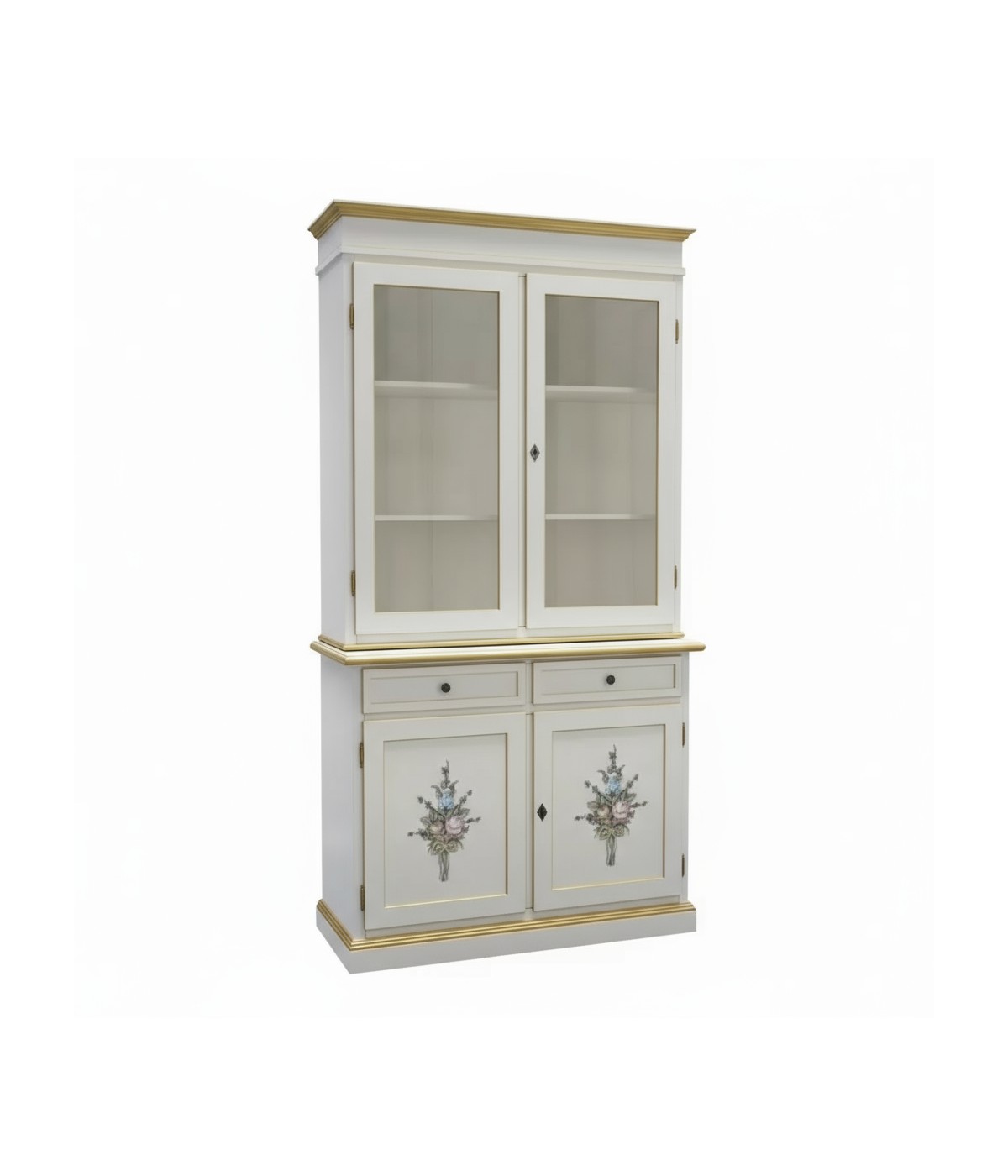 Cristalliera 2 porte shabby legno bianco decorata filo oro 105x42x206