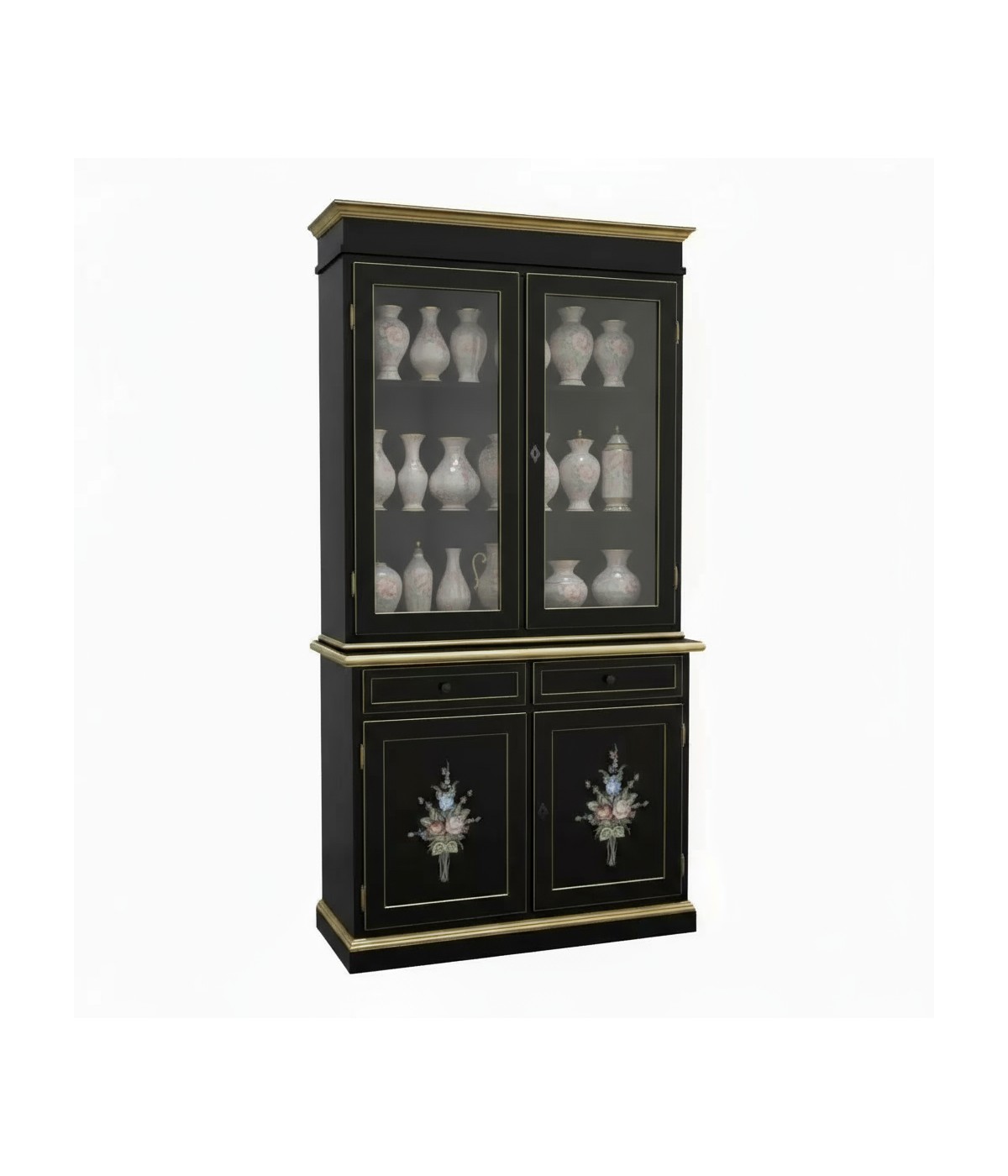Cristalliera 2 porte shabby legno nero decorata filo oro 105x42x206