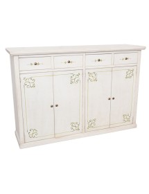 Madia Credenza legno 4 porte shabby bianco anticato decoro filo verde 160X40X110 vista frontale