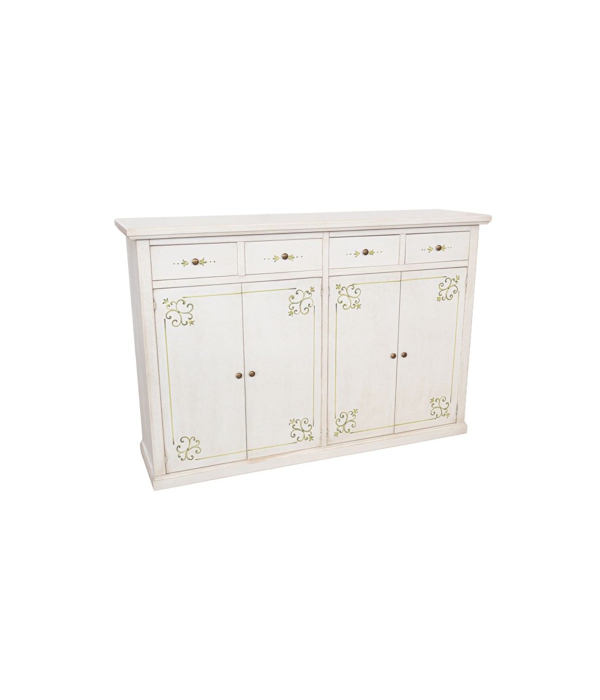 Madia Credenza legno 4 porte shabby bianco anticato decoro filo verde 160X40X110 vista frontale