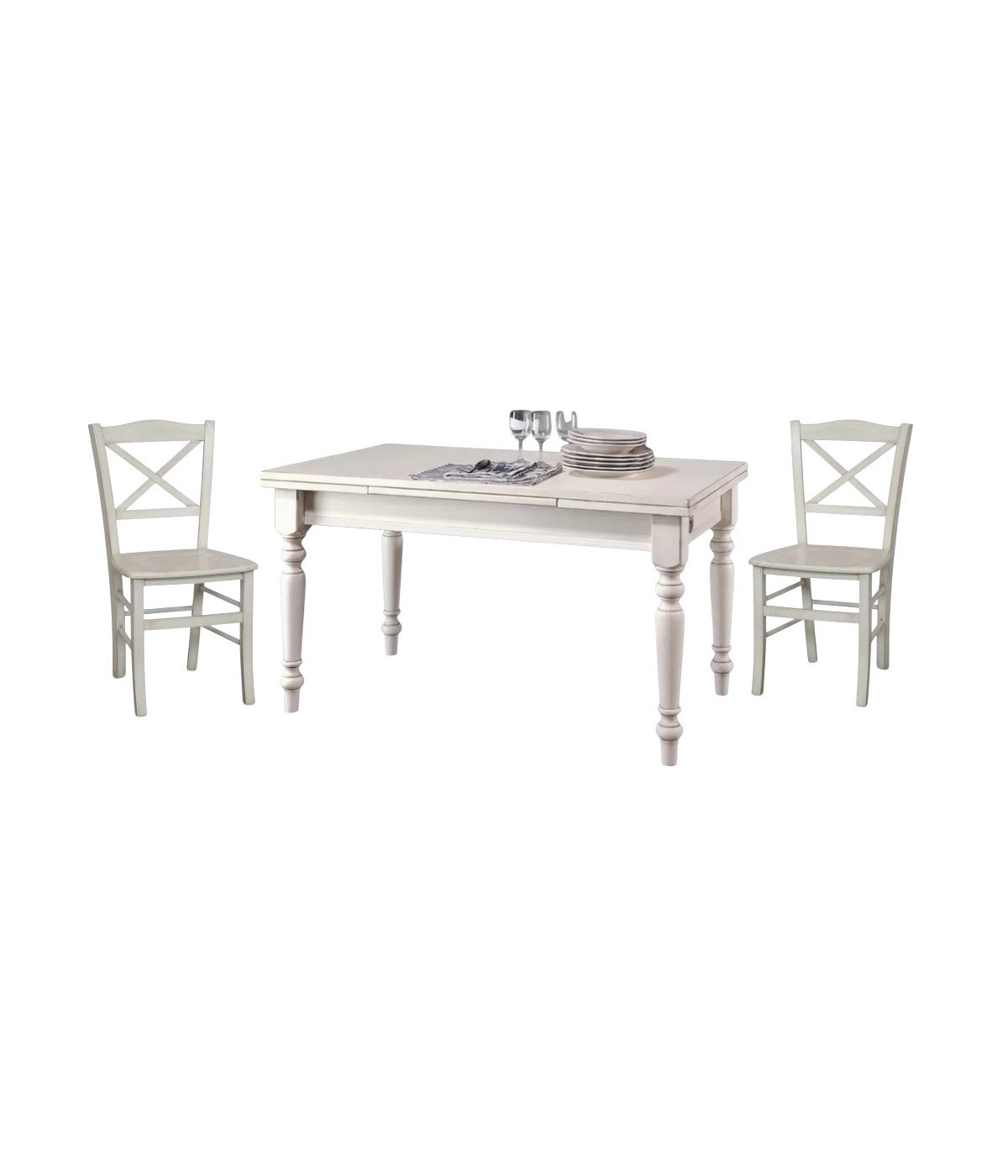Set tavolo rettangolare shabby bianco anticato 100x70 120x80 140x80 160x85 allungabile con 4/6 sedie seduta legno