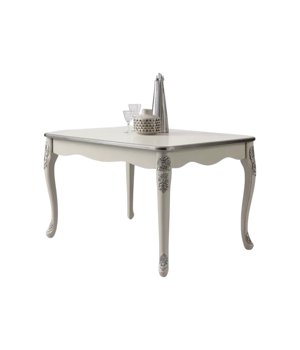Tavolo barocco allungabile bianco anticato filo oro/argento 160x90x82