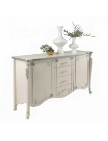Credenza in legno shabby con rilievo bianco anticato argento/oro 193x58x111 vista frontale