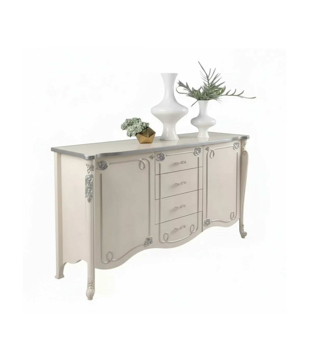 Credenza in legno shabby con rilievo bianco anticato argento/oro 193x58x111 vista frontale