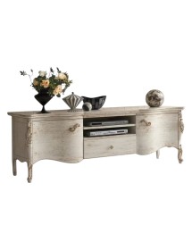 MOBILI 2G - PORTA TV SAGOMATO INTAGLIATO 2 PORTE 1 CASSETTO IN LEGNO AVORIO L.182 P.52 H.64