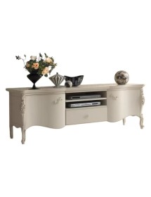 MOBILI 2G - PORTA TV SAGOMATO INTAGLIATO 2 PORTE 1 CASSETTO IN LEGNO AVORIO L.182 P.52 H.64