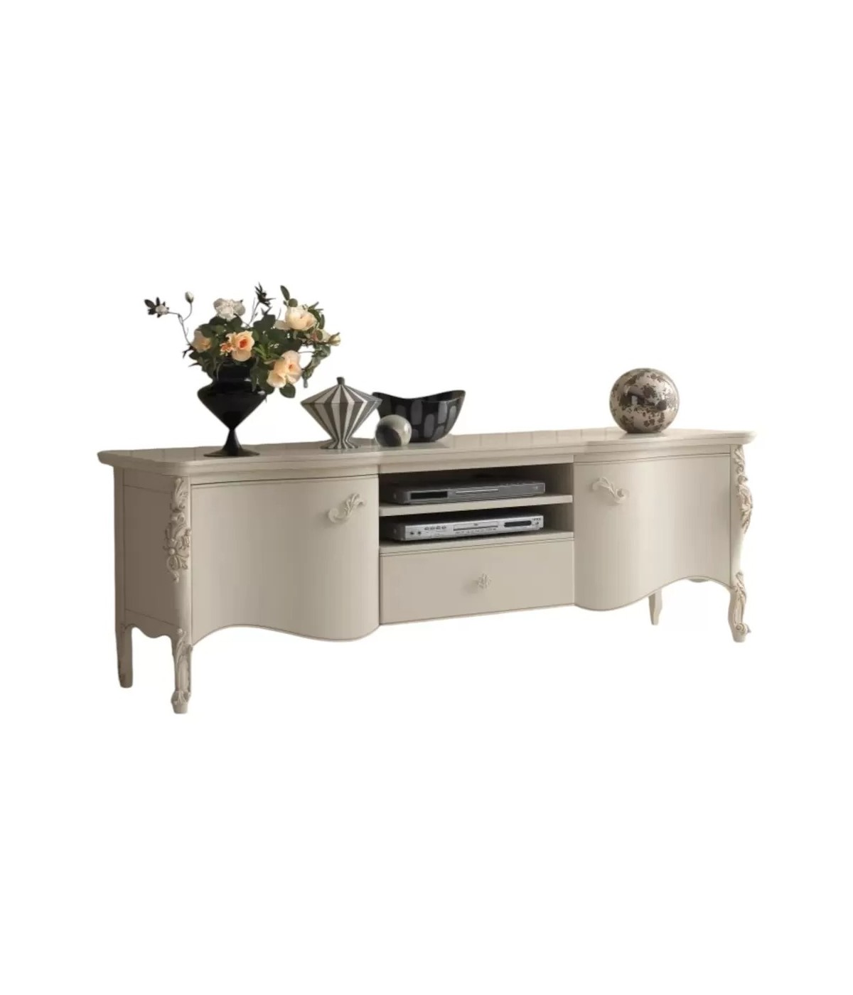 MOBILI 2G - PORTA TV SAGOMATO INTAGLIATO 2 PORTE 1 CASSETTO IN LEGNO AVORIO L.182 P.52 H.64