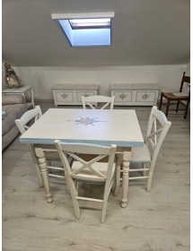 Set tavolo bianco anticato decorato 100x70 120x80 140x80 160x85 allungabile con 4/6 sedie seduta legno