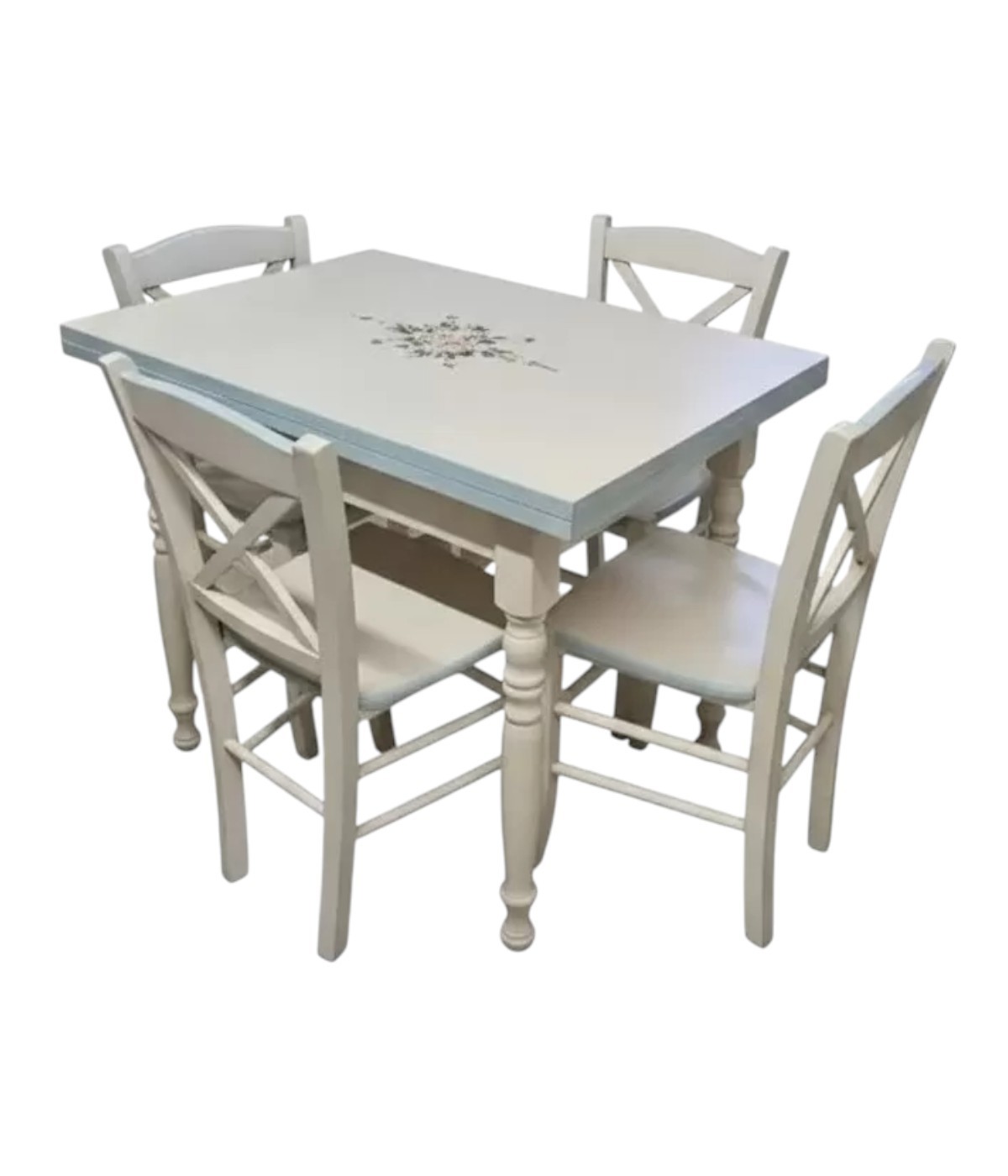 Set tavolo bianco anticato decorato 100x70 120x80 140x80 160x85 allungabile con 4/6 sedie seduta legno