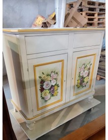 Credenza 2 Ante shabby Legno Bianco anticato Decorata filo giallo 112X49X98