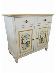 Credenza 2 Ante shabby Legno Bianco anticato Decorata filo giallo 112X49X98