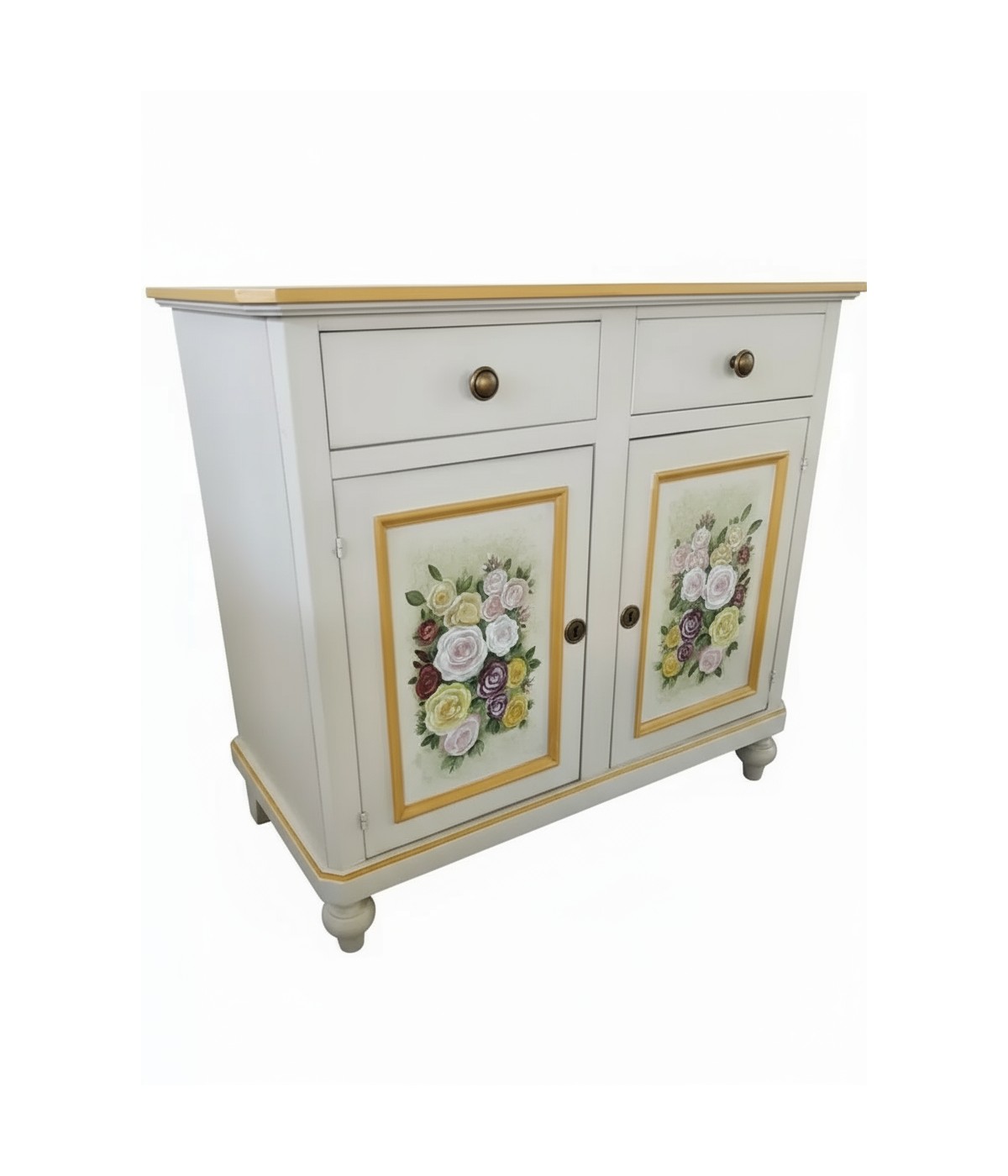 Credenza 2 Ante shabby Legno Bianco anticato Decorata filo giallo 112X49X98