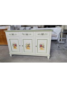 Credenza 3 Ante Legno Bianco anticato Decorata Filo verde 160x50x102