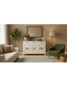 Credenza 3 Ante Legno Bianco anticato Decorata Filo verde 160x50x102
