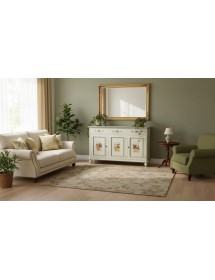 Credenza 3 Ante Legno Bianco anticato Decorata Filo verde 160x50x102