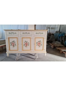 Credenza 3 Ante Legno Bianco anticato Decorata Filo giallo 160x50x102