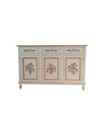 Credenza 3 Ante Legno Bianco anticato Decorata Filo ocra 160x50x102