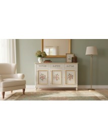 Credenza 3 Ante Legno Bianco anticato Decorata Filo giallo 160x50x102