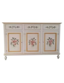 Credenza 3 Ante Legno Bianco anticato Decorata Filo ocra 160x50x102