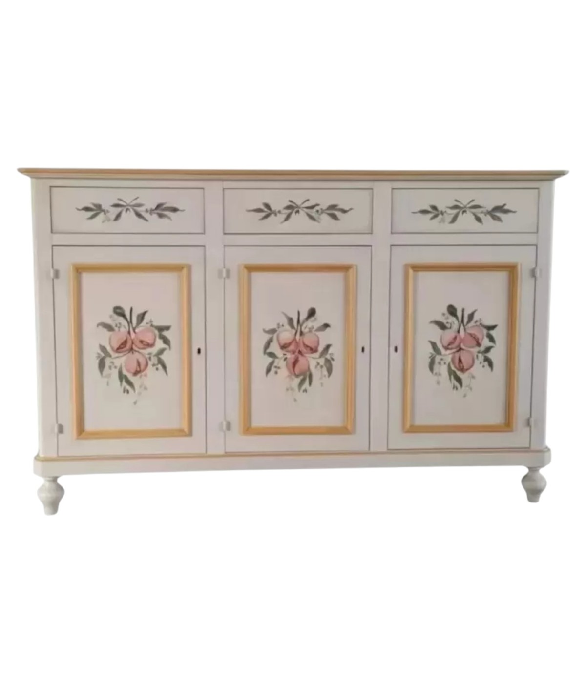 Credenza 3 Ante Legno Bianco anticato Decorata Filo ocra 160x50x102