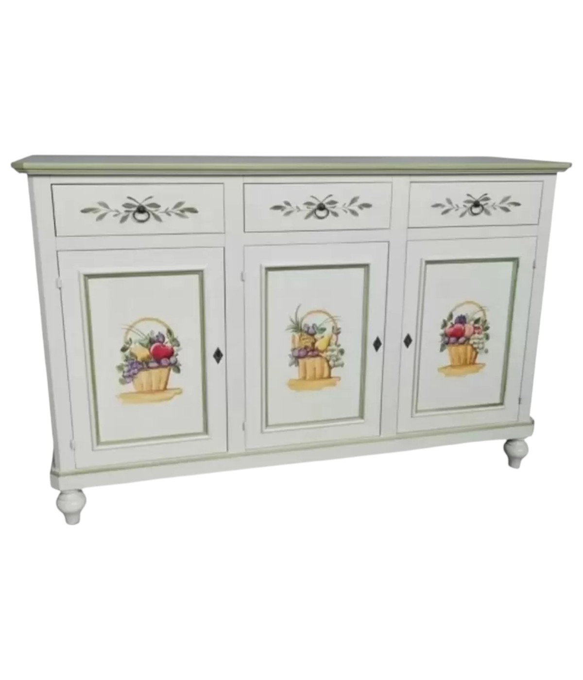 Credenza 3 Ante Legno Bianco anticato Decorata Filo verde 160x50x102