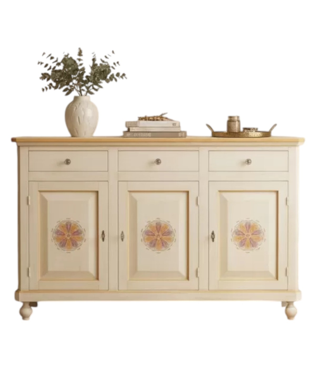 MOBILI 2G - MADIA CREDENZA IN LEGNO 3 ANTE AVORIO PENNELLATO L.150 P.43 H.98