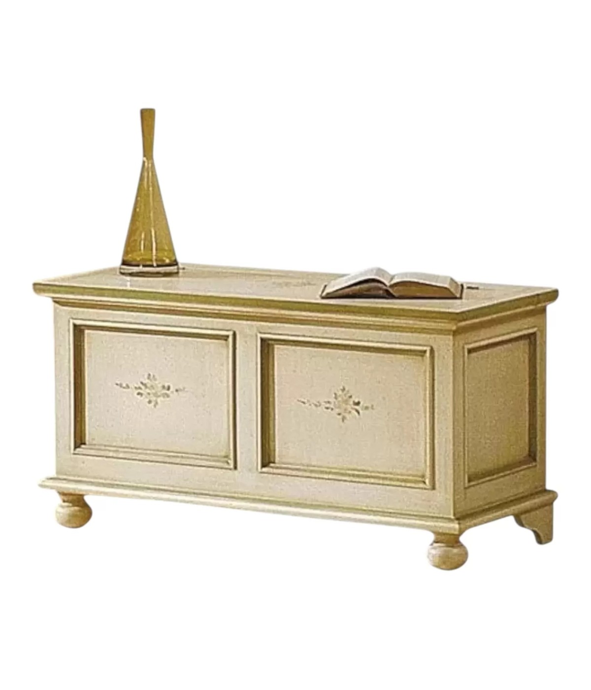 MOBILI 2G - Cassapanca in legno arte povera laccato avorio con profilo verde L.100 x P.44 H.51