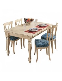 Set tavolo legno shabby avorio anticato intarsiato 160x100x80 con 6 sedie imbottite