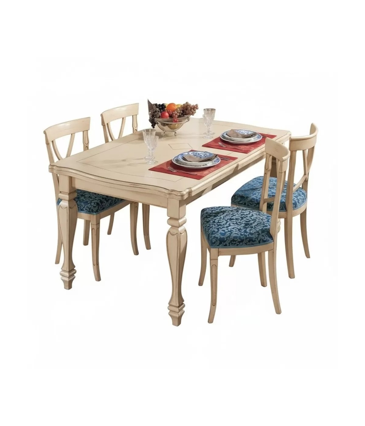Set tavolo legno shabby avorio anticato intarsiato 160x100x80 con 6 sedie imbottite