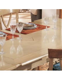 Set tavolo legno shabby avorio anticato intarsiato 160x100x80 con 6 sedie imbottite