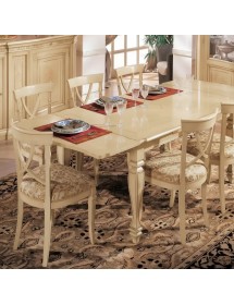 Set tavolo legno shabby avorio anticato intarsiato 160x100x80 con 6 sedie imbottite