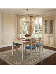 Set tavolo legno shabby avorio anticato intarsiato 160x100x80 con 6 sedie imbottite