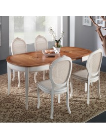 Set tavolo ovale Legno bianco anticato 115x95x78 con 4 sedie seduta paglia di vienna