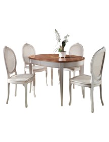Set tavolo ovale Legno bianco anticato 115x95x78 con 4 sedie seduta paglia di vienna