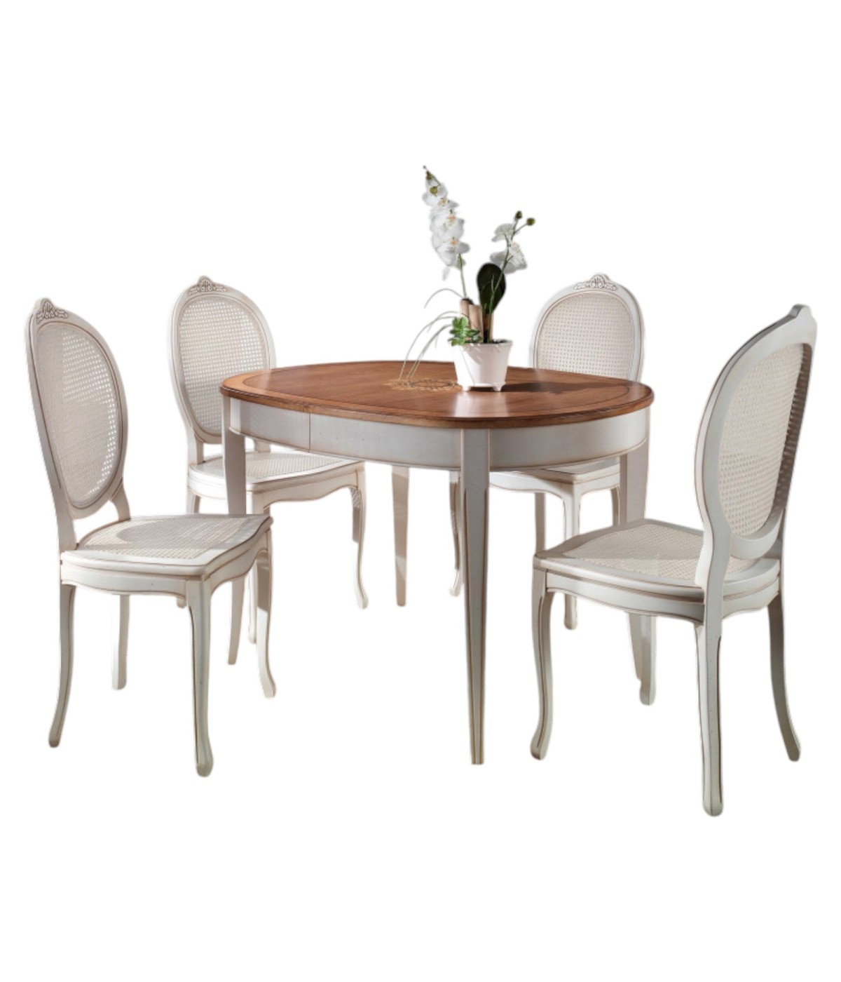 Set tavolo ovale Legno bianco anticato 115x95x78 con 4 sedie seduta paglia di vienna